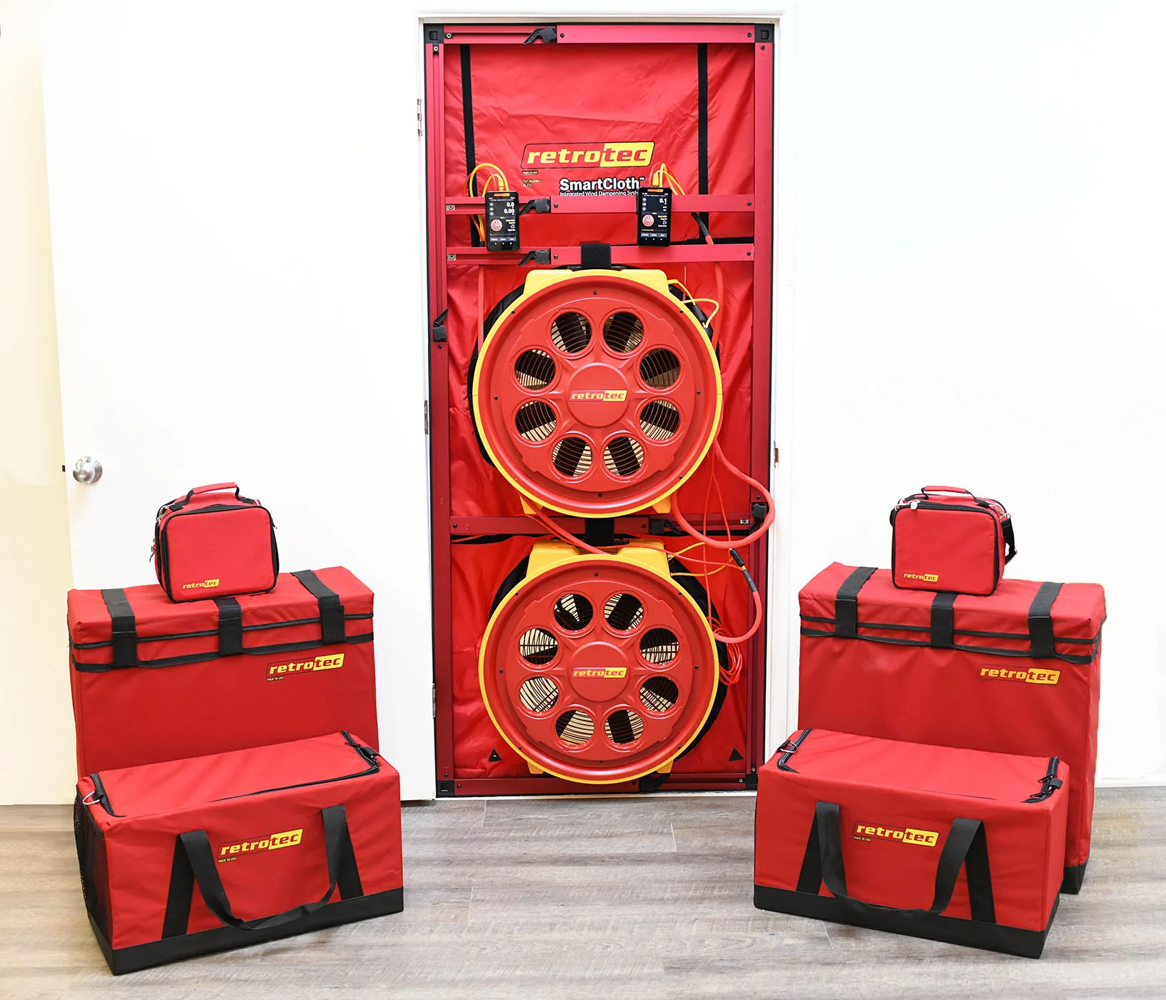 Blower door fan installed in main entrance for pressure test